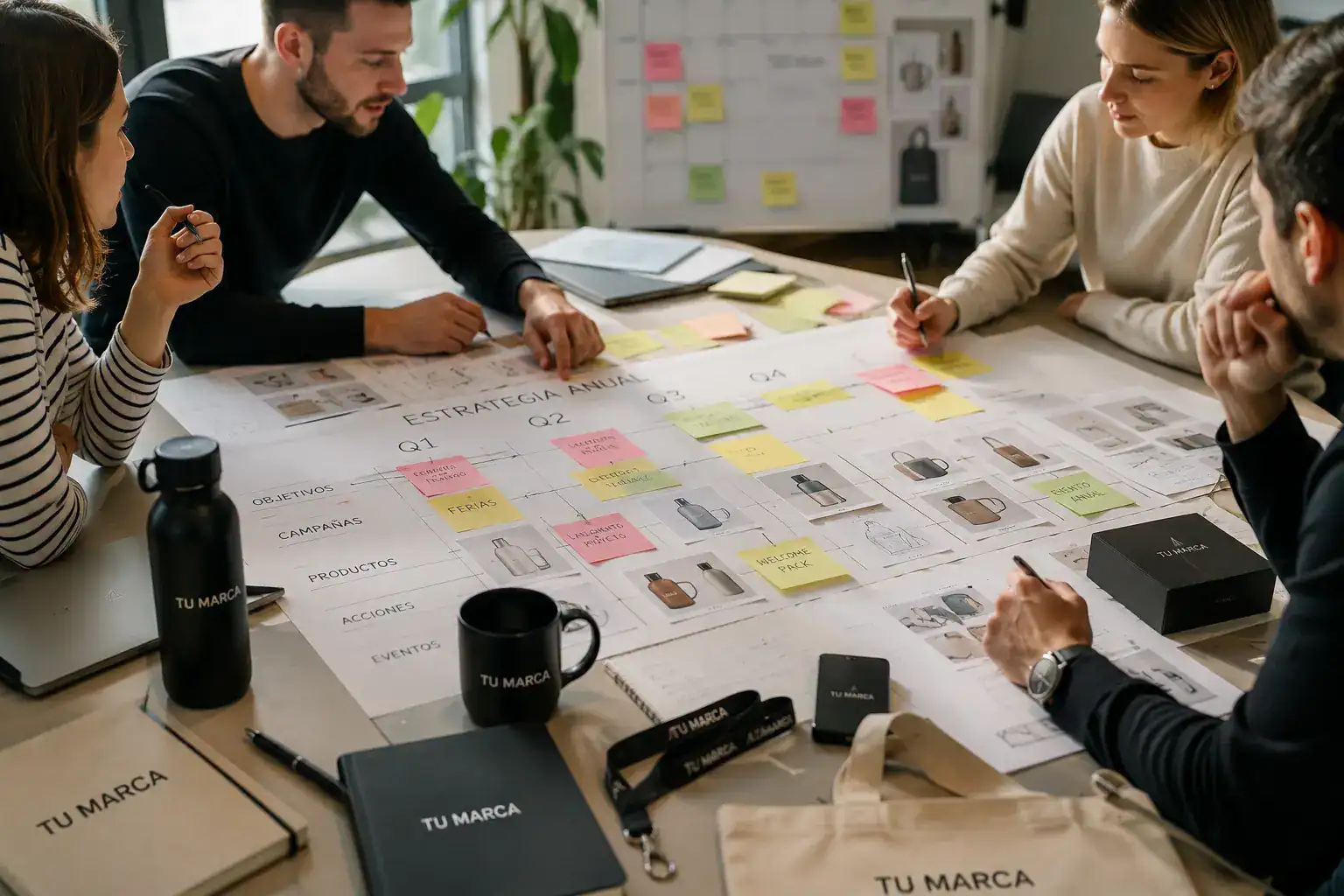 Planificación de estrategia anual de merchandising corporativo con productos premium