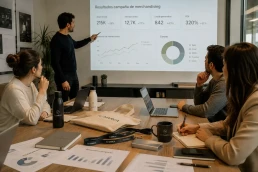 Reunión analizando los resultados de una campaña de merchandising corporativo con productos personalizados sobre la mesa.