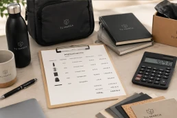 Presupuesto de merchandising corporativo con productos personalizados para empresas y cálculo de costes.
