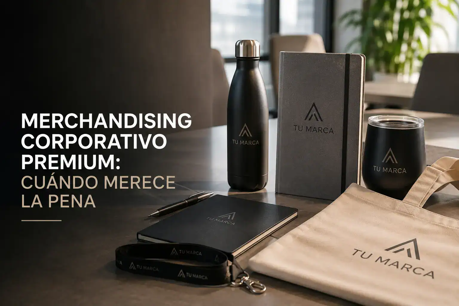 Detalle de welcome pack premium con merchandising corporativo de alta gama