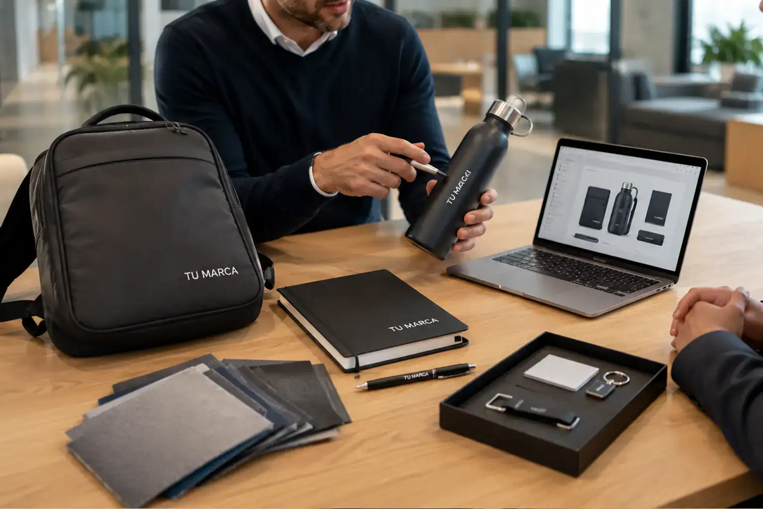Proveedor de merchandising corporativo mostrando productos de calidad para empresas