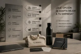 Comparativa entre una agencia de merchandising y una plataforma online con productos personalizados para empresas.