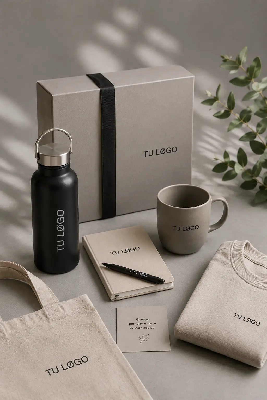 Welcome pack para empleados con botella, libreta y textil personalizados