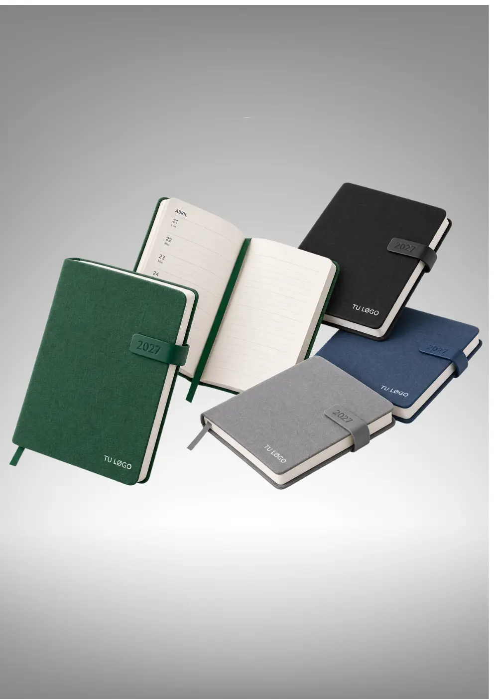 Varias agendas personalizadas en distintos colores apiladas