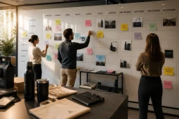 Equipo planificando una estrategia anual de merchandising corporativo en una oficina.